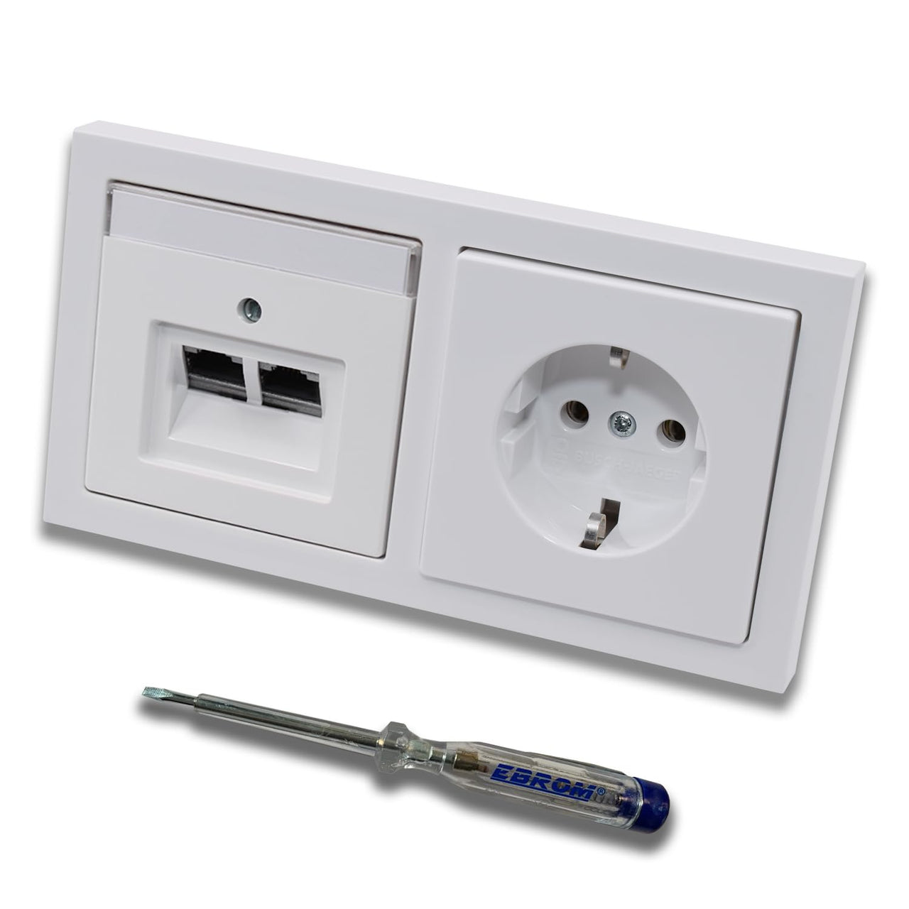 Busch Jäger, Rutenbeck Unterputz Netzwerkdose 10 Gigabit/S KAT6A 6A 2 x RJ45 Anschluss + Steckdose 20EUC-84 im BJ Future Linear Studioweiß Design + EBROM Phasenprüfer z. Montage d. Geräte