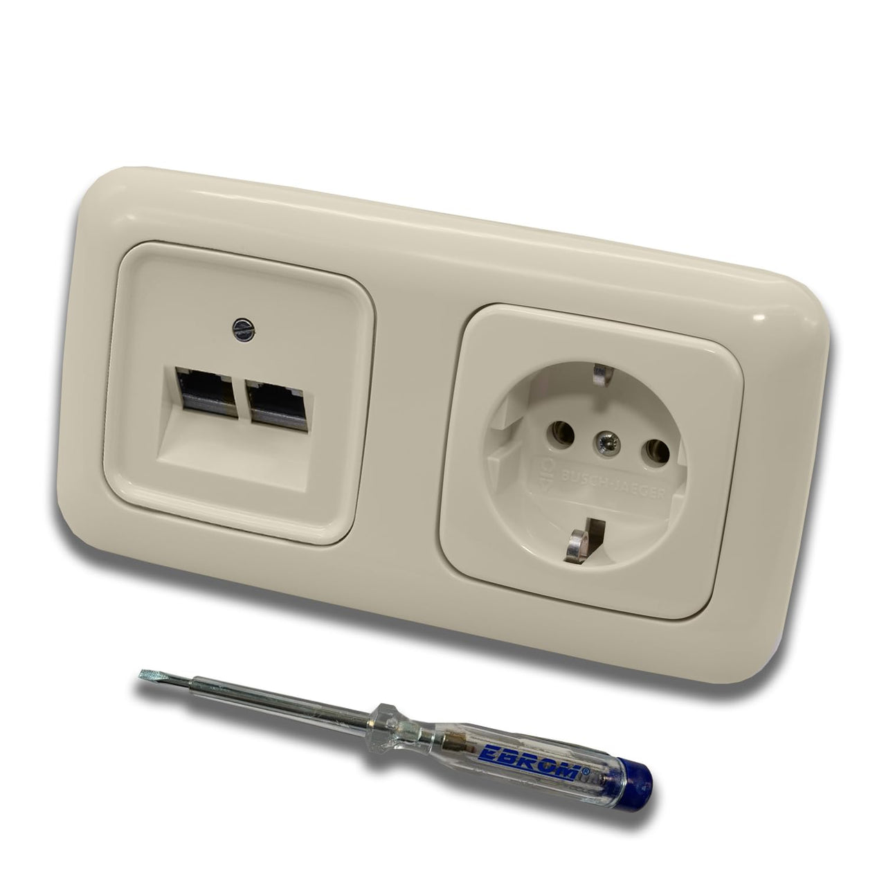 Busch Jäger, Rutenbeck Unterputz Netzwerkdose 10 Gigabit/S (10GbE) KAT6A 6A 2 x RJ45 Anschluss + Steckdose 20EUC-212 im BJ DUR2000 cremeweiß Design + EBROM Phasenprüfer z. Montage d. Geräte