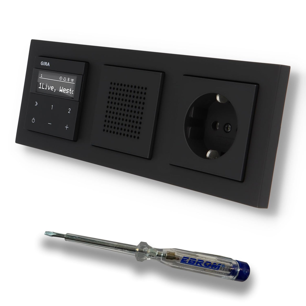 Gira Unterputz IP Internetradio 232003 + Bluetooth KomplettSet + Lautsprecher + Steckdose - E2 schwarz matt im 3fach Rahmen Gira 021309 inkl. EBROM Phasenprüfer zur Montage der Geräte