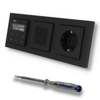 Gira Unterputz IP Internetradio 232003 + Bluetooth KomplettSet + Lautsprecher + Steckdose - E2 schwarz matt im 3fach Rahmen Gira 021309 inkl. EBROM Phasenprüfer zur Montage der Geräte
