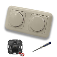EBROM 1003 Universal ECO (2 Stück) LED Drehdimmer Dimmer + Busch Jäger Dimmerscheiben 2115-212 in DURO2000 cremeweiß glänzend im 2-fach Rahmen inkl. EBROM Phasenprüfer zur Montage der Geräte