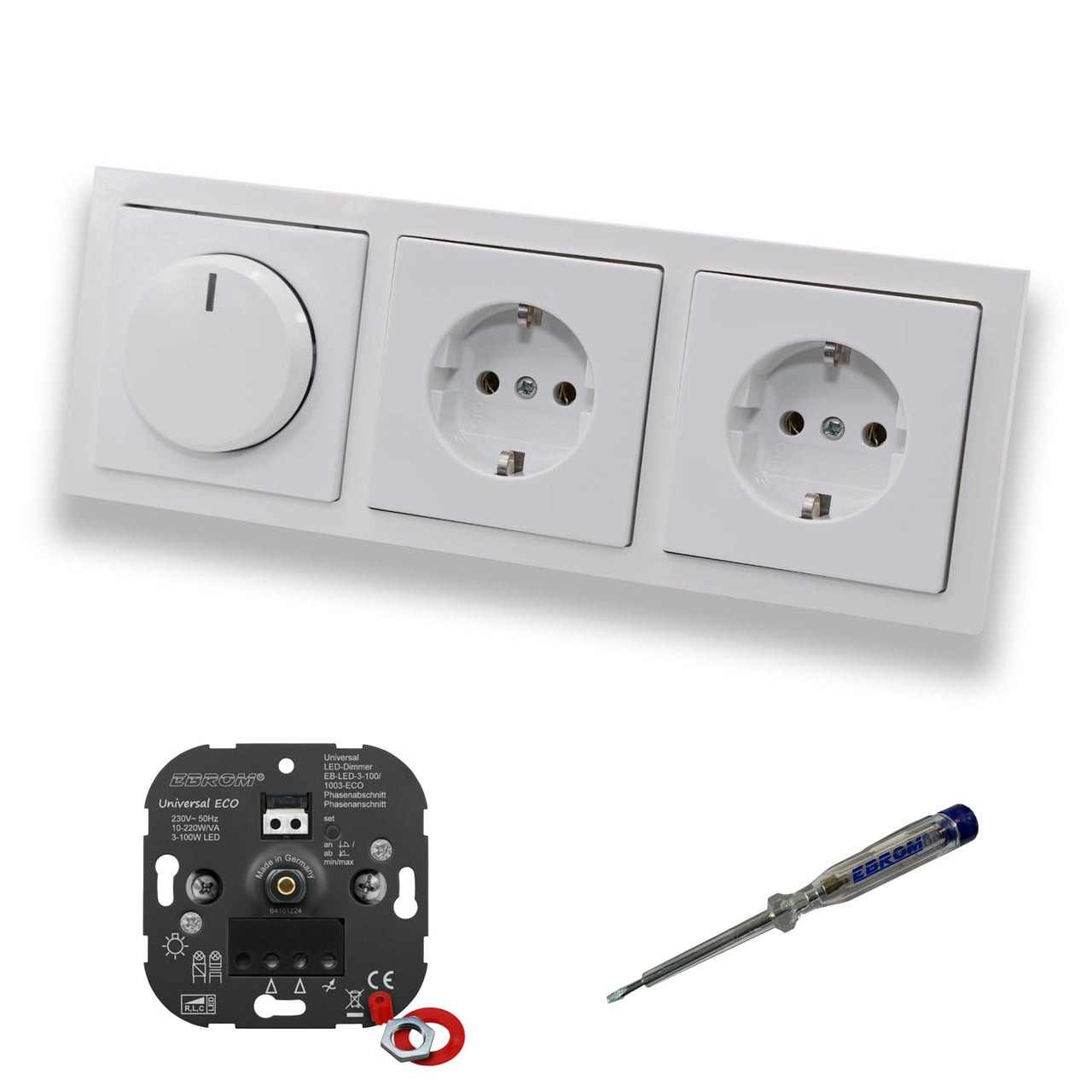 EBROM 1003 Universal ECO LED Drehdimmer Dimmer + Busch Jäger Dimmerscheibe 6540-84-102 und 2 x Steckdose m. Kinderschutz 20EUCKS-84 in Future Linear Studioweiß glänzend + EBROM Phasenprüfer z. Montage