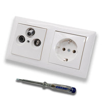 Busch Jäger SET: Unterputz 3-Loch Dose 47-2150 MHz, Enddose Stichdose, Radio/TV/SAT-Kompatibilität + BalanceSi alpinweiß 2fach Rahmen + Steckdose 20EUC-914 + EBROM Phasenprüfer zur Montage der Geräte