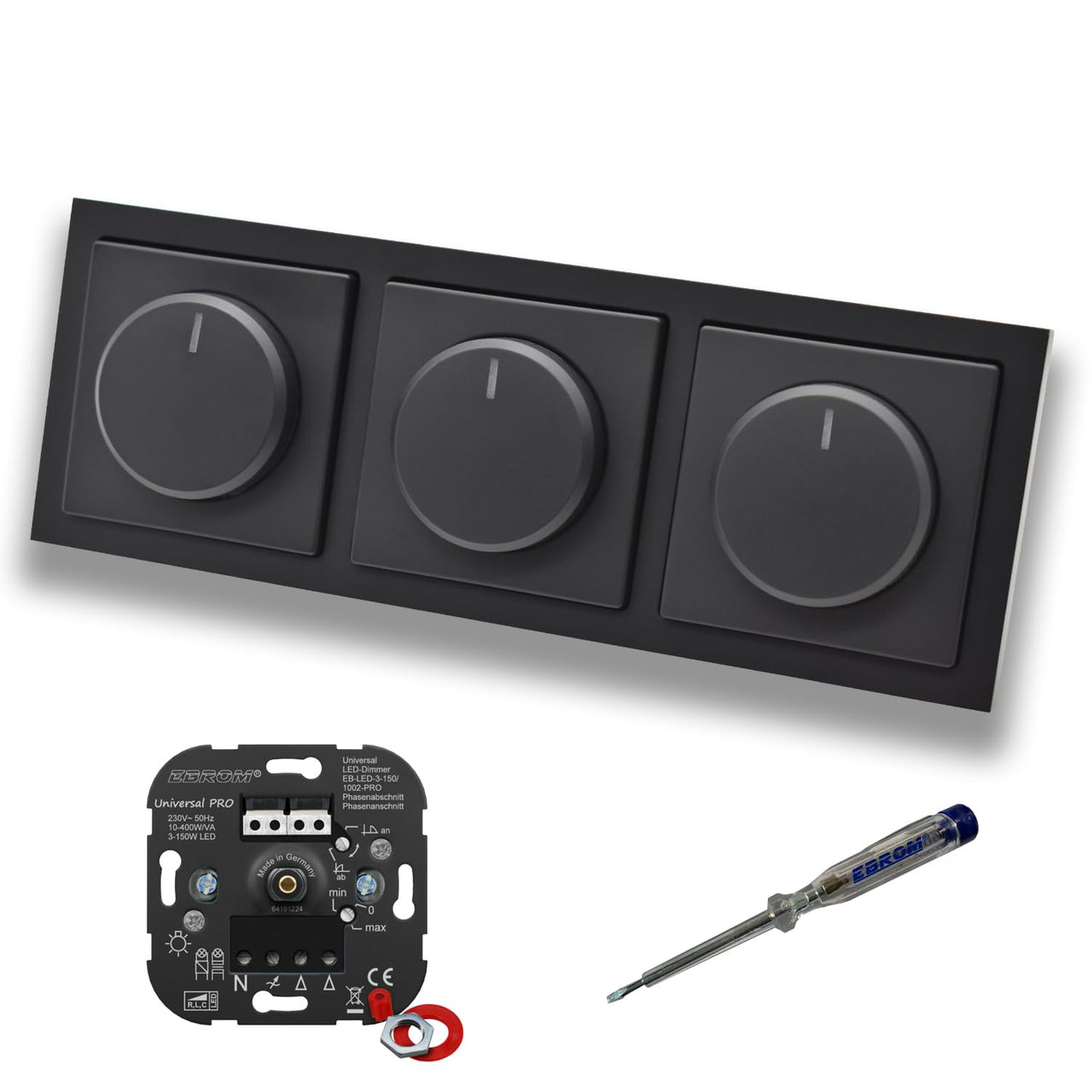 EBROM 1002 Universal PRO (3 Stück) LED Drehdimmer Dimmer + Busch Jäger Dimmerscheiben 6540-885-102 in Future Linear Schwarz matt im 3-fach Rahmen inkl. EBROM Phasenprüfer zur Montage der Geräte