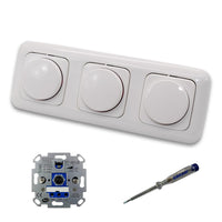 REV Ritter (3 Stück) LED Drehdimmer Dimmer + Busch Jäger Dimmerscheiben 2115-214 in ReflexSi alpinweiß glänzend im 3-fach Rahmen inkl. EBROM Phasenprüfer zur Montage der Geräte ET1 66012B