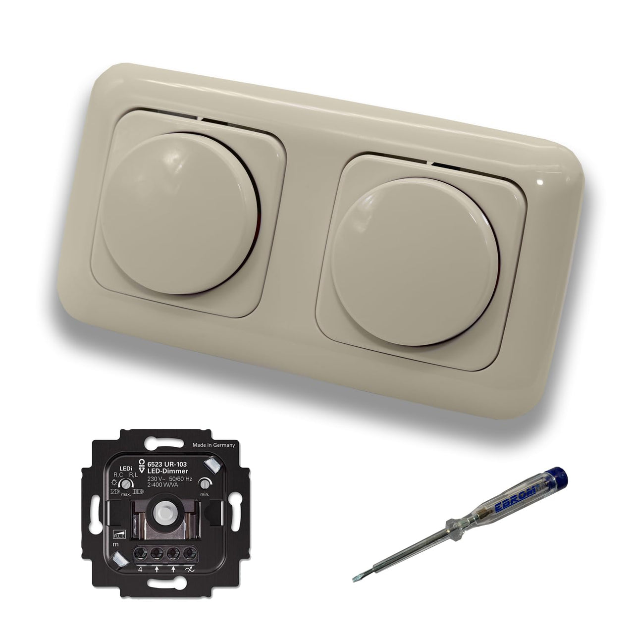 Busch Jäger 6523UR-103 (2 Stück) LED Drehdimmer Dimmer + Dimmerscheiben 2115-212 in DURO2000 cremeweiß glänzend im 2-fach Rahmen inkl. EBROM Phasenprüfer zur Montage der Geräte 6523 UR-103