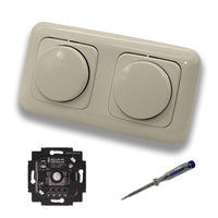 Busch Jäger 6523UR-103 (2 Stück) LED Drehdimmer Dimmer + Dimmerscheiben 2115-212 in DURO2000 cremeweiß glänzend im 2-fach Rahmen inkl. EBROM Phasenprüfer zur Montage der Geräte 6523 UR-103