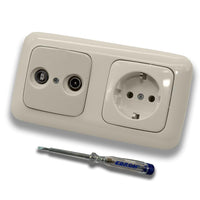 Busch Jäger SET: 2-Loch Durchgangsdose, Frequenzbereich 5-2400 MHz, Radio/TV/SAT-Kompatibilität inkl DURO2000 cremeweiß 2fach Rahmen + Steckdose 20 EUC-212 + EBROM Phasenprüfer zur Montage der Geräte