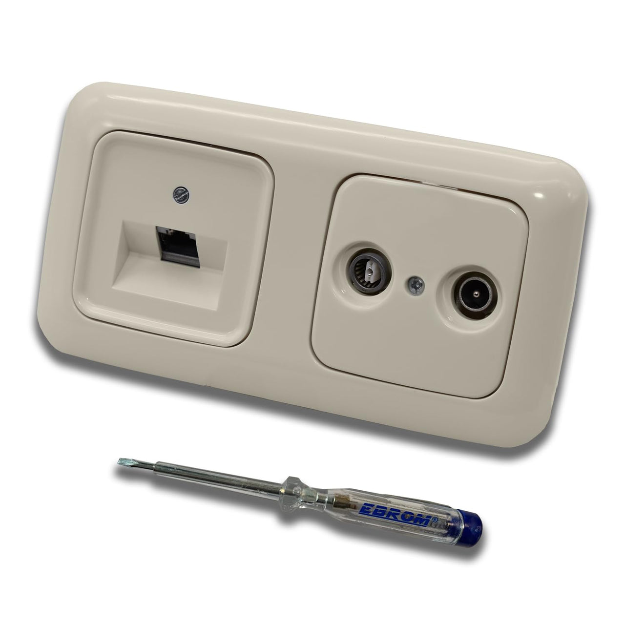 Busch Jäger, Rutenbeck Unterputz Netzwerkdose 10 Gigabit/S (10GbE) KAT6A 6A 1 x RJ45 Anschluss + WISI 2-Loch Durchgangsdose im BJ DUR2000 cremeweiß Design + EBROM Phasenprüfer z. Montage d. Geräte