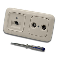 Busch Jäger, Rutenbeck Unterputz Netzwerkdose 10 Gigabit/S (10GbE) KAT6A 6A 1 x RJ45 Anschluss + WISI 2-Loch Durchgangsdose im BJ DUR2000 cremeweiß Design + EBROM Phasenprüfer z. Montage d. Geräte