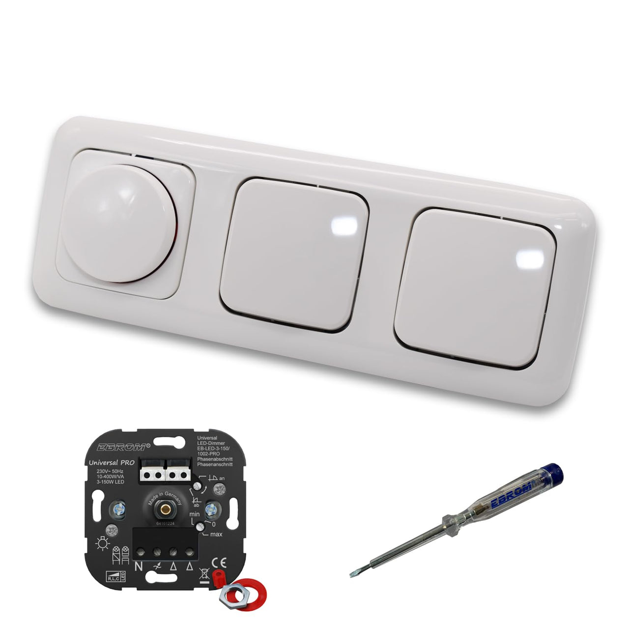 EBROM 1002 Universal PRO LED Drehdimmer Dimmer + Busch Jäger Dimmerscheibe 2115-214 und 2 x Kreuzschalter 2000/7 US in Reflex Si alpinweiß glänzend inklusive EBROM Phasenprüfer zur Montage der Geräte