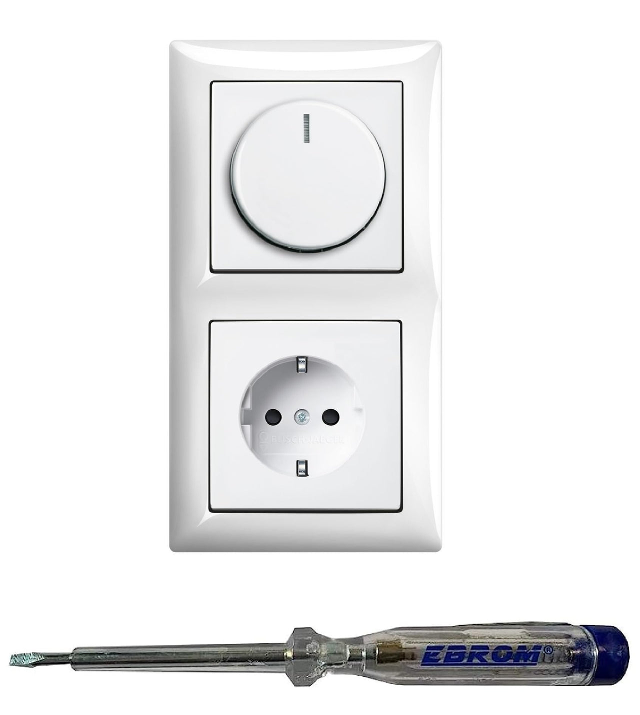 Busch Jäger 6523U-102 LED Drehdimmer Dimmer + Dimmerscheibe 2115-914 und Steckdose 20EUC-914 in Balance Si alpinweiß glänzend inklusive EBROM Phasenprüfer zur Montage der Geräte (6523 U – 102)
