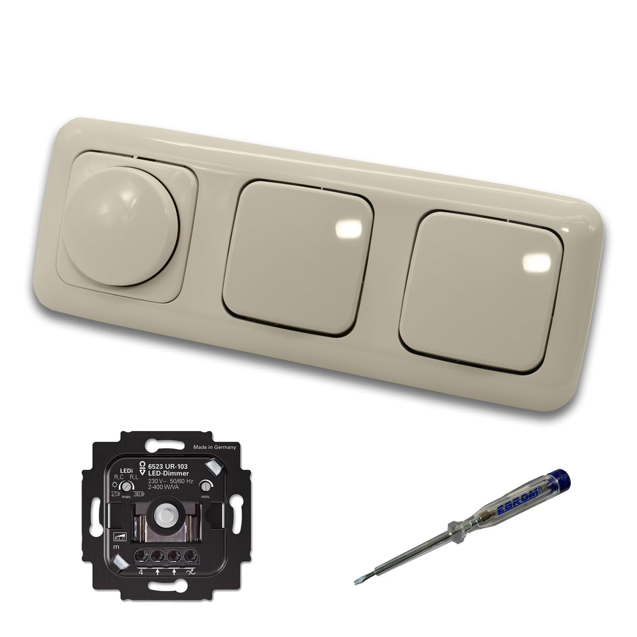 Busch Jäger 6523UR-103 LED Drehdimmer Dimmer + Dimmerscheibe 2115-212 und 2 x Kreuzschalter 2000/7 US in DURO2000 cremeweiß glänzend inklusive EBROM Phasenprüfer zur Montage der Geräte 6523 UR-103