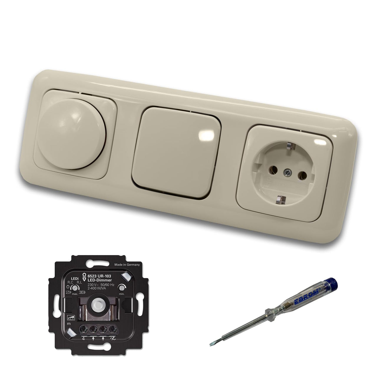 Busch Jäger 6523UR-103 LED Drehdimmer Dimmer + Dimmerscheibe 2115-212 + Lichtschalter 2000/6 US + Steckdose 20EUC-212 DURO2000 cremeweiß glänzend + EBROM Phasenprüfer z. Montage der Geräte 6523 UR-103