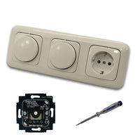 Busch Jäger 6523U-102 (2 x) LED Drehdimmer Dimmer + Dimmerscheibe 2115-212 und Steckdose 20EUC-212 in DURO2000 cremeweiß glänzend inklusive EBROM Phasenprüfer zur Montage der Geräte 6523 U – 102
