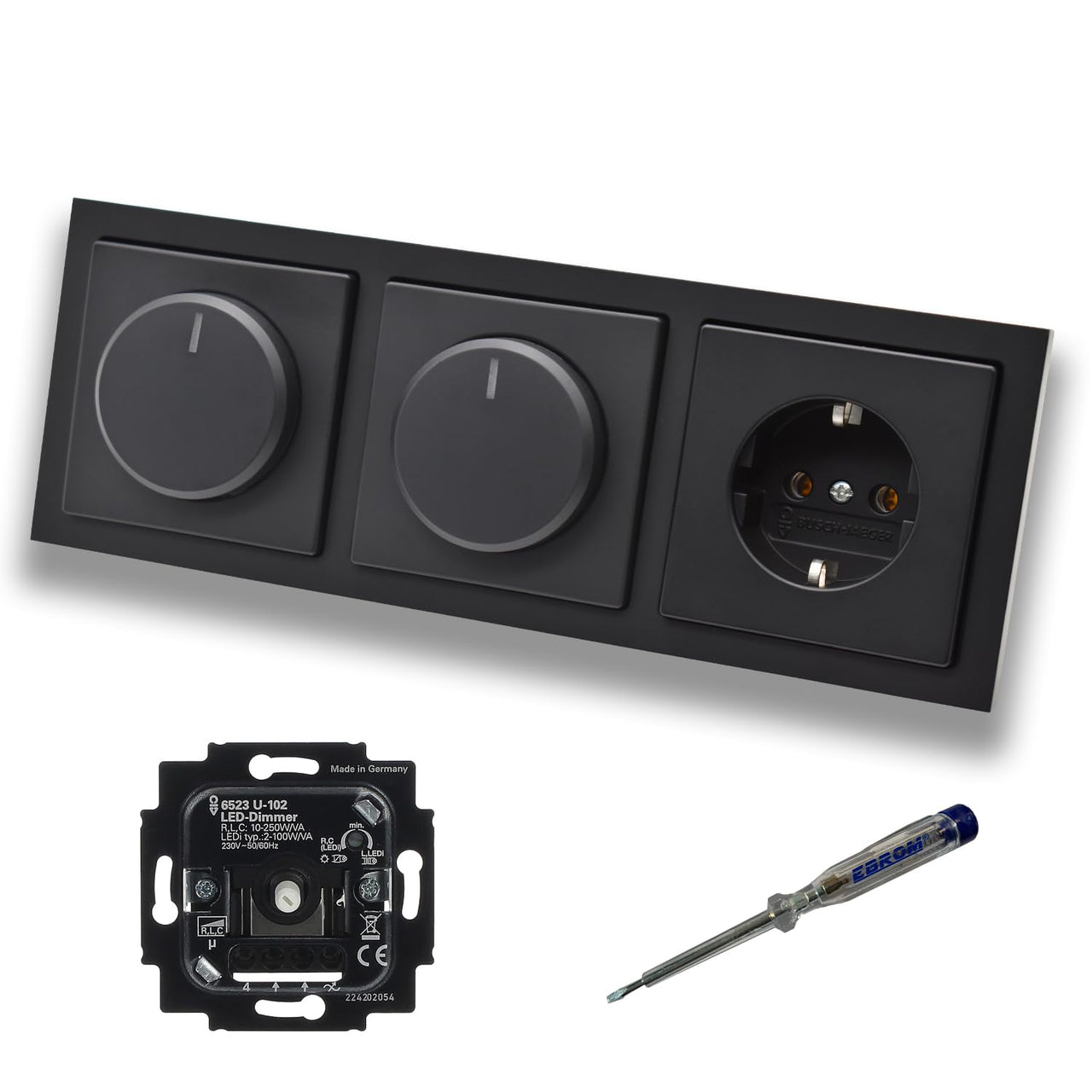 Busch Jäger 6523U-102 (2 x) LED Drehdimmer Dimmer + Dimmerscheibe 6540-885-102 + Steckdose 20EUC-885 in Future Linear schwarz matt inklusive EBROM Phasenprüfer zur Montage der Geräte 6523 U – 102