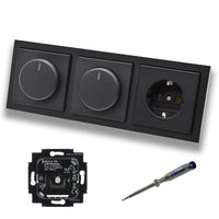Busch Jäger 6523U-102 (2 x) LED Drehdimmer Dimmer + Dimmerscheibe 6540-885-102 + Steckdose 20EUC-885 in Future Linear schwarz matt inklusive EBROM Phasenprüfer zur Montage der Geräte 6523 U – 102