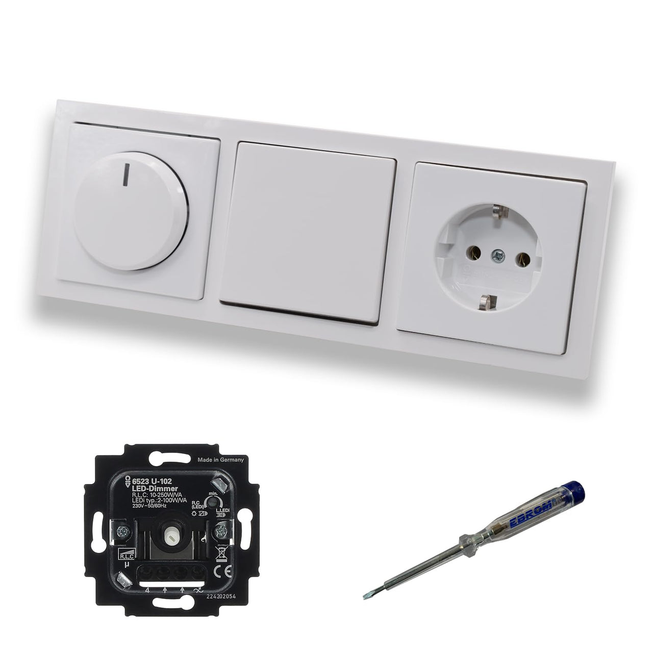 Busch Jäger 6523U-102 LED Drehdimmer Dimmer + Scheibe 6540-84-102 + Lichtschalter 2000/6US + Steckdose mit Kinderschutz 20EUCKS-84 Future Linear Studioweiß + EBROM Phasenprüfer zur Montage der Geräte