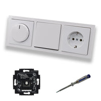 Busch Jäger 6523U-102 LED Drehdimmer Dimmer + Dimmerscheibe 6540-84-102 + Kreuzschalter 2000/7US + Steckdose 20EUC-84 Future Linear Studioweiß + EBROM Phasenprüfer zur Montage der Geräte 6523 U – 102