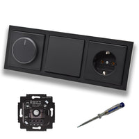 Busch Jäger 6523UR-103 LED Drehdimmer Dimmer + Dimmerscheibe 6540-885-102 + Lichtschalter 2000/6US + Steckdose 20EUC-885 Future Linear schwarz matt + EBROM Phasenprüfer zur Montage der Geräte