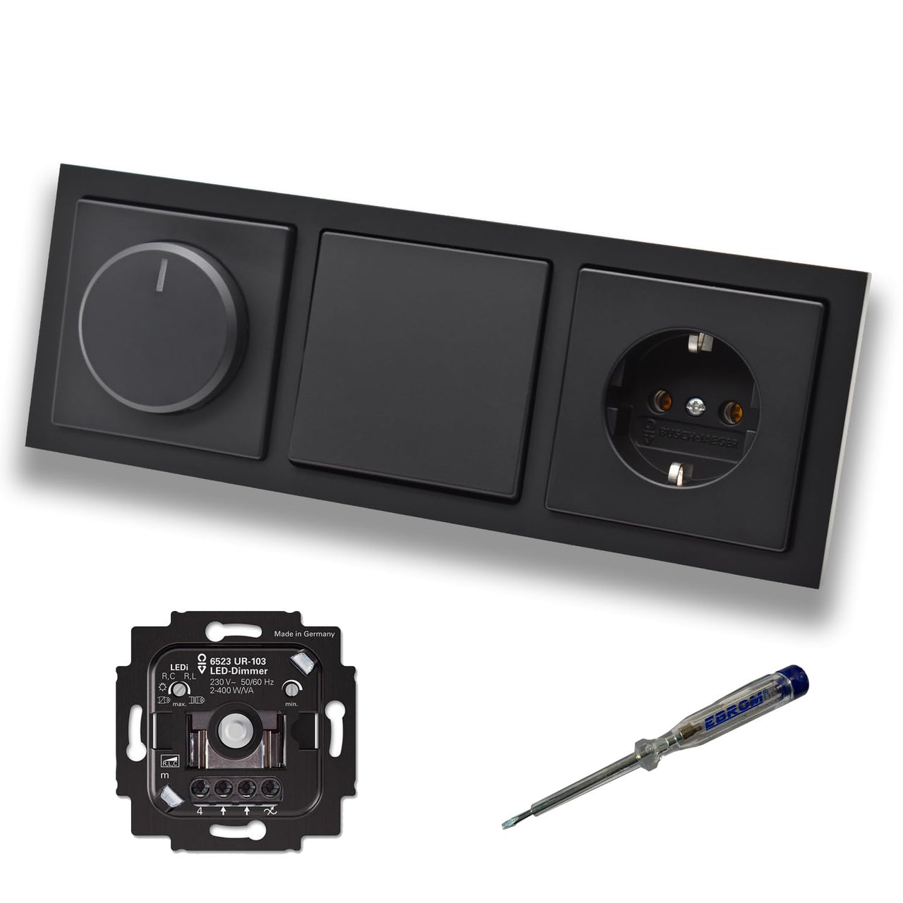 Busch Jäger 6523UR-103 LED Drehdimmer Dimmer + Scheibe 6540-885-102 + Lichtschalter 2000/6US + Steckdose Kinderschutz 20EUCKS-885 Future Linear schwarz matt + EBROM Phasenprüfer zur Montage d. Geräte