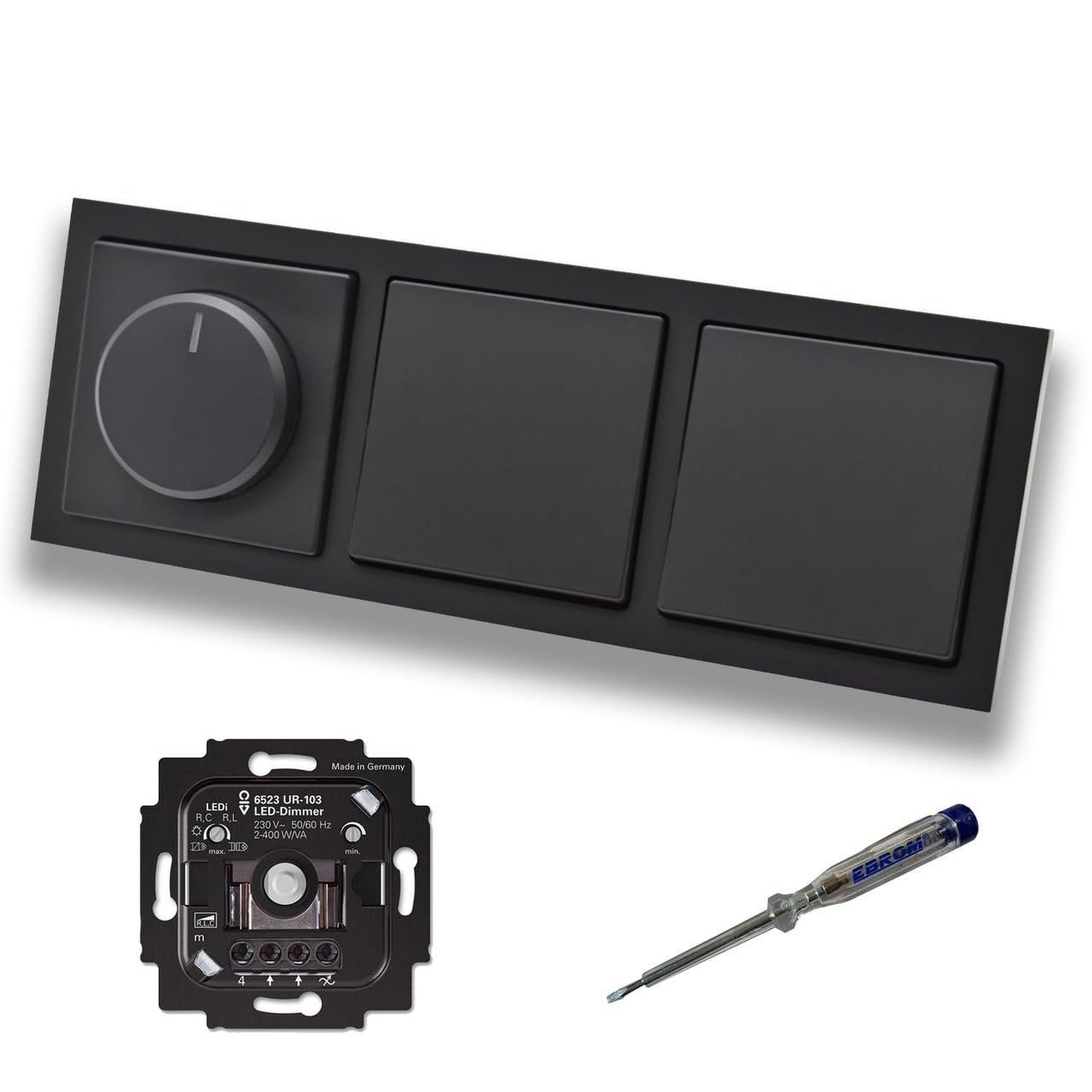 Busch Jäger 6523UR-103 LED Drehdimmer Dimmer + Dimmerscheibe 6540-885-102 und 2 x Lichtschalter 2000/6 US in Future Linear schwarz matt + EBROM Phasenprüfer zur Montage der Geräte 6523 UR-103