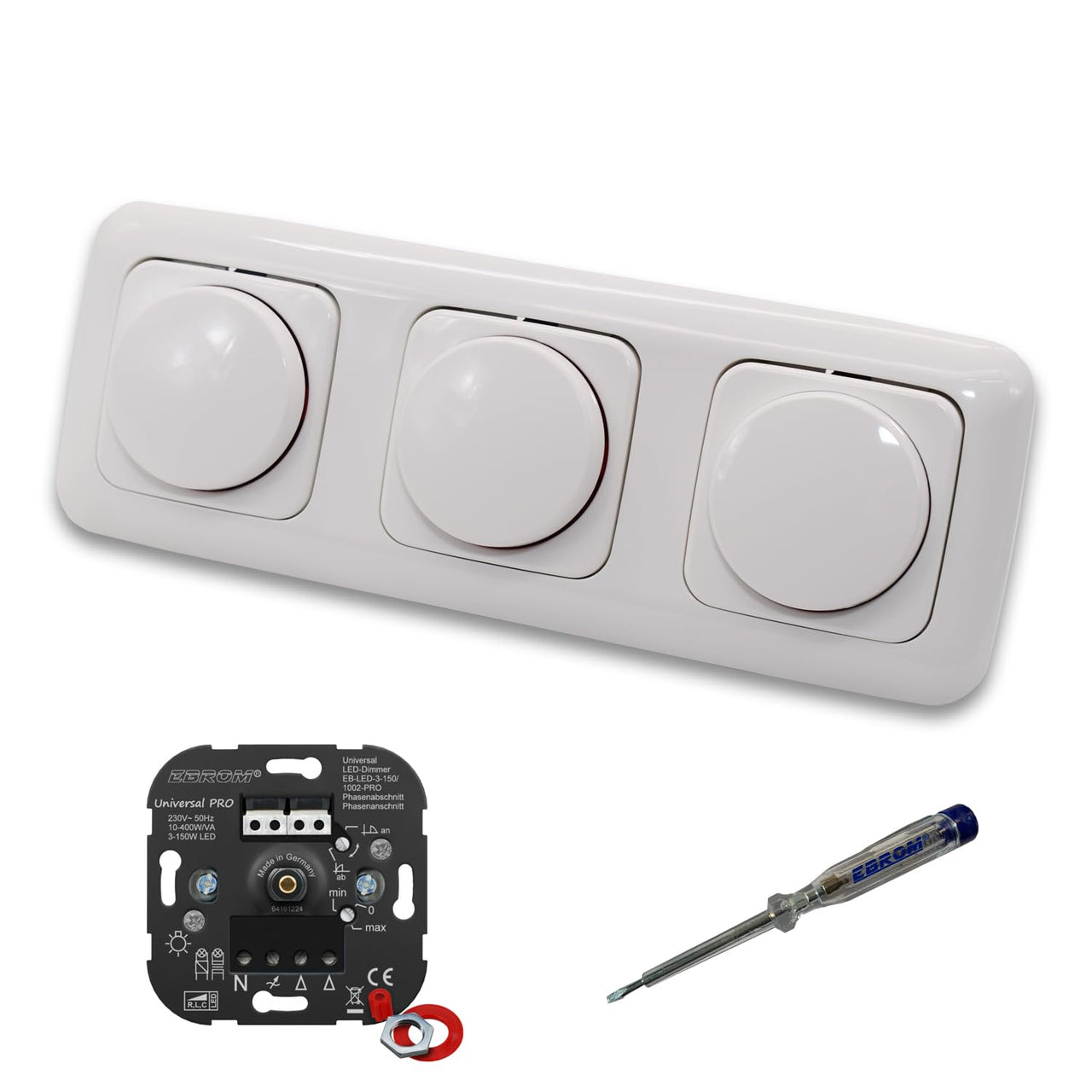 EBROM 1002 Universal PRO (3 Stück) LED Drehdimmer Dimmer + Busch Jäger Dimmerscheiben 2115-214 in ReflexSi alpinweiß glänzend im 3-fach Rahmen inkl. EBROM Phasenprüfer zur Montage der Geräte