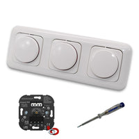 EBROM 1002 Universal PRO (3 Stück) LED Drehdimmer Dimmer + Busch Jäger Dimmerscheiben 2115-214 in ReflexSi alpinweiß glänzend im 3-fach Rahmen inkl. EBROM Phasenprüfer zur Montage der Geräte