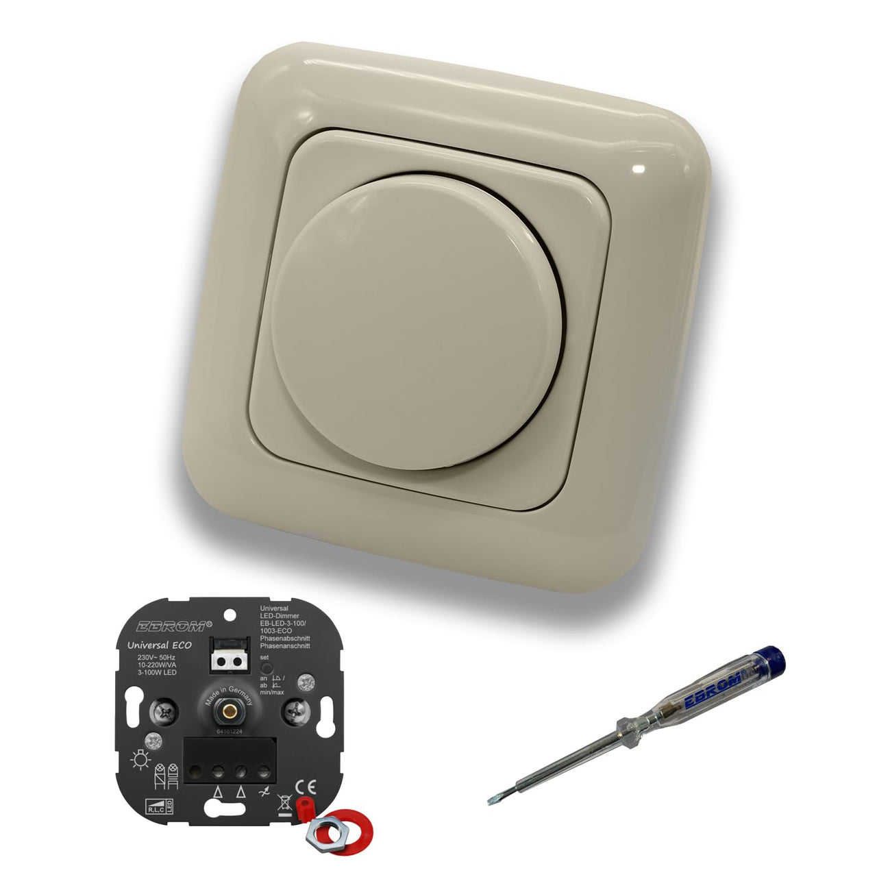 EBROM 1003 Universal ECO LED-Drehdimmer LED Dimmer mit Busch Jäger Dimmerscheibe Zentralplatte 2115-212 Einfachrahmen in DURO2000 cremeweiß glänzend inklusive EBROM Phasenprüfer zur Montage des Geräts