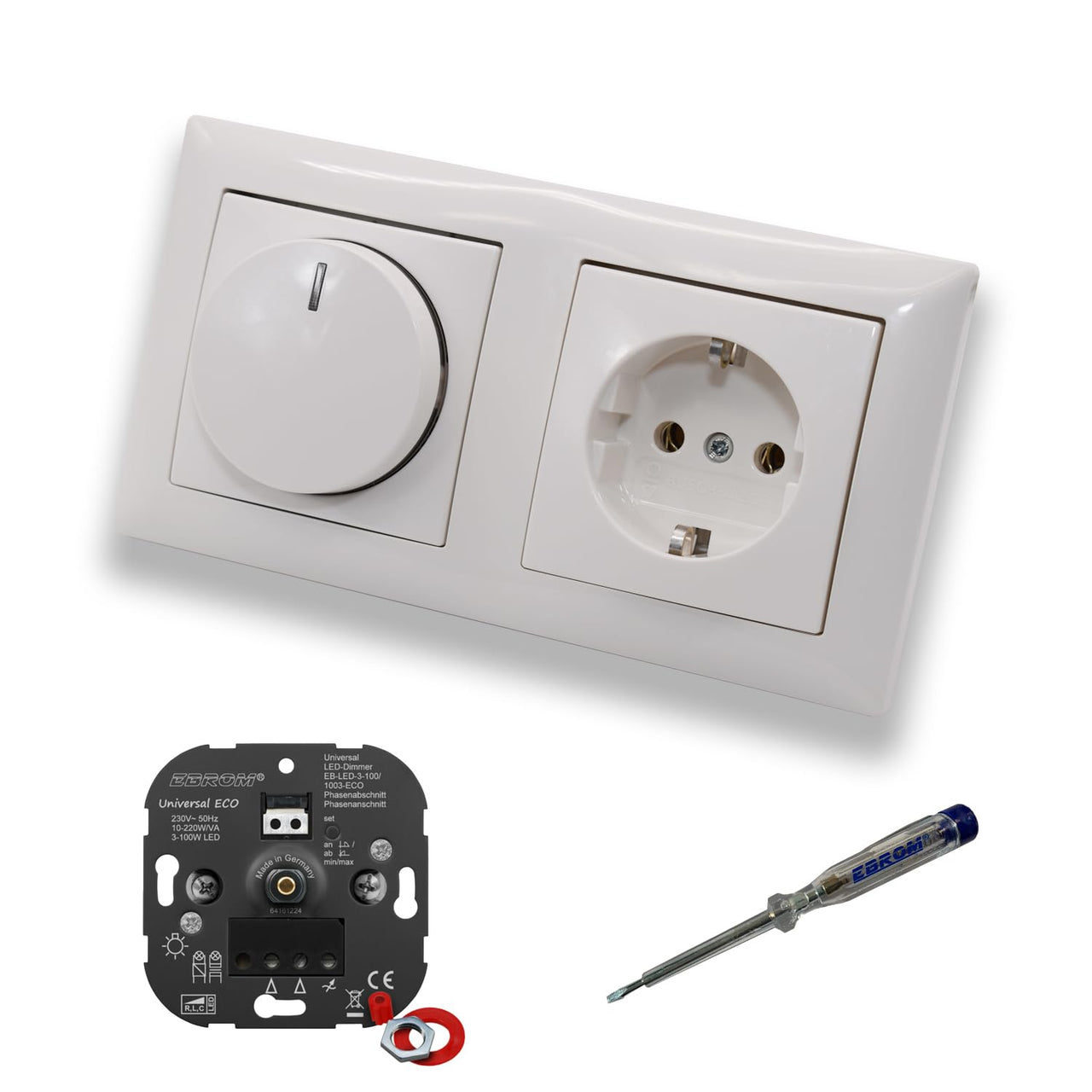 EBROM 1003 Universal ECO LED Drehdimmer Dimmer + Busch Jäger Dimmerscheibe 2115-914 und Steckdose mit Kinderschutz 20EUCKS-914 in Balance Si alpinweiß glänzend + EBROM Phasenprüfer z. Montage d.Geräte