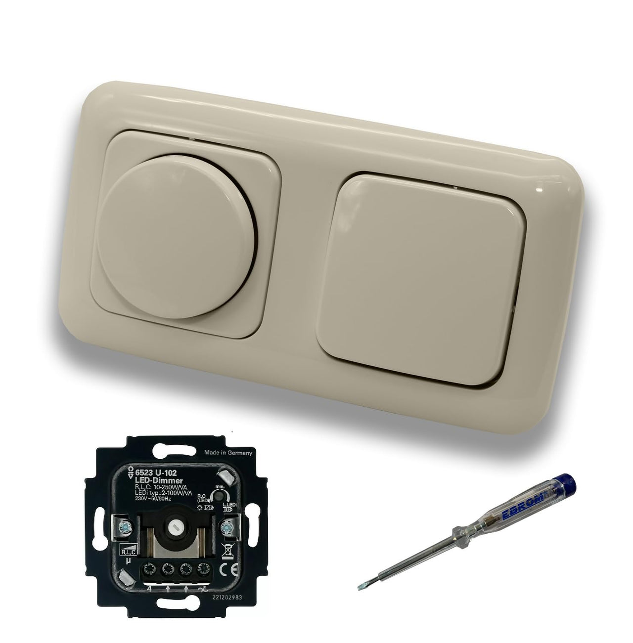 Busch Jäger 6523U-102 LED Drehdimmer Dimmer + Dimmerscheibe 2115-212 und Lichttaster 2020 US in DURO2000 cremeweiß glänzend inklusive EBROM Phasenprüfer zur Montage der Geräte 6523 U – 102