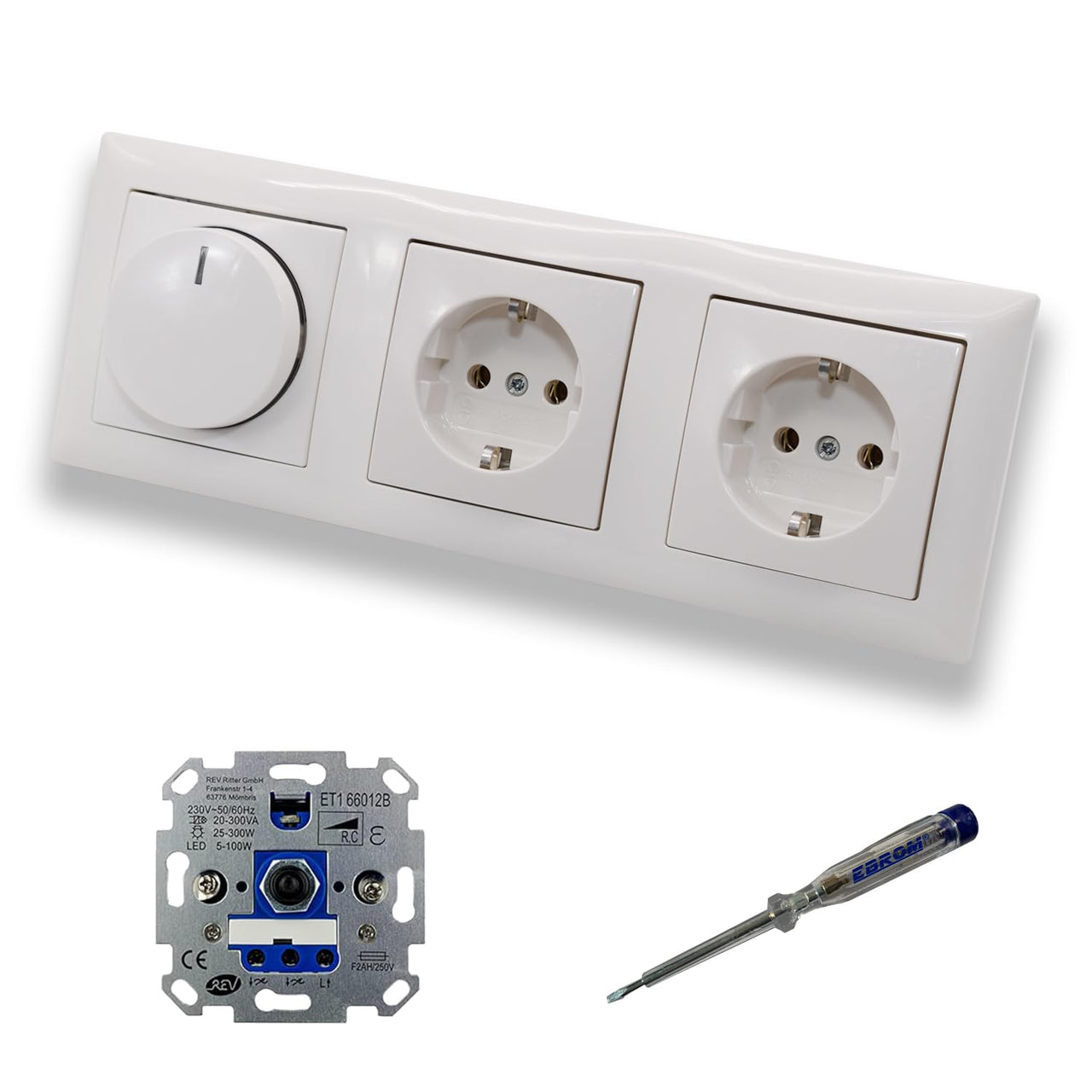 REV Ritter LED Drehdimmer Dimmer + Busch Jäger Dimmerscheibe 2115-914 und 2 x Steckdose 20EUC-914 in Balance Si alpinweiß glänzend inklusive EBROM Phasenprüfer zur Montage der Geräte ET1 66012B