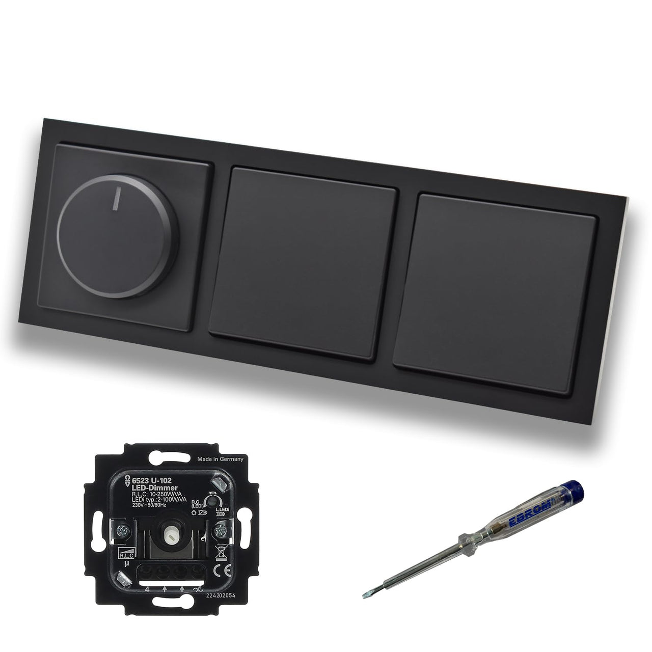 Busch Jäger 6523U-102 LED Drehdimmer Dimmer + Dimmerscheibe 6540-885-102 + 2 x Lichttaster 2020 US in Future Linear schwarz matt inklusive EBROM Phasenprüfer zur Montage der Geräte 6523 U – 102