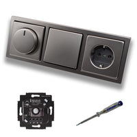 Busch Jäger 6523UR-103 LED Drehdimmer Dimmer + Dimmerscheibe 6540-866-102 + Kreuzschalter 2000/7US + Steckdose Kinderschutz 20EUCKS-866 PUR Edelstahl + EBROM Phasenprüfer zur Montage 6523 UR-103