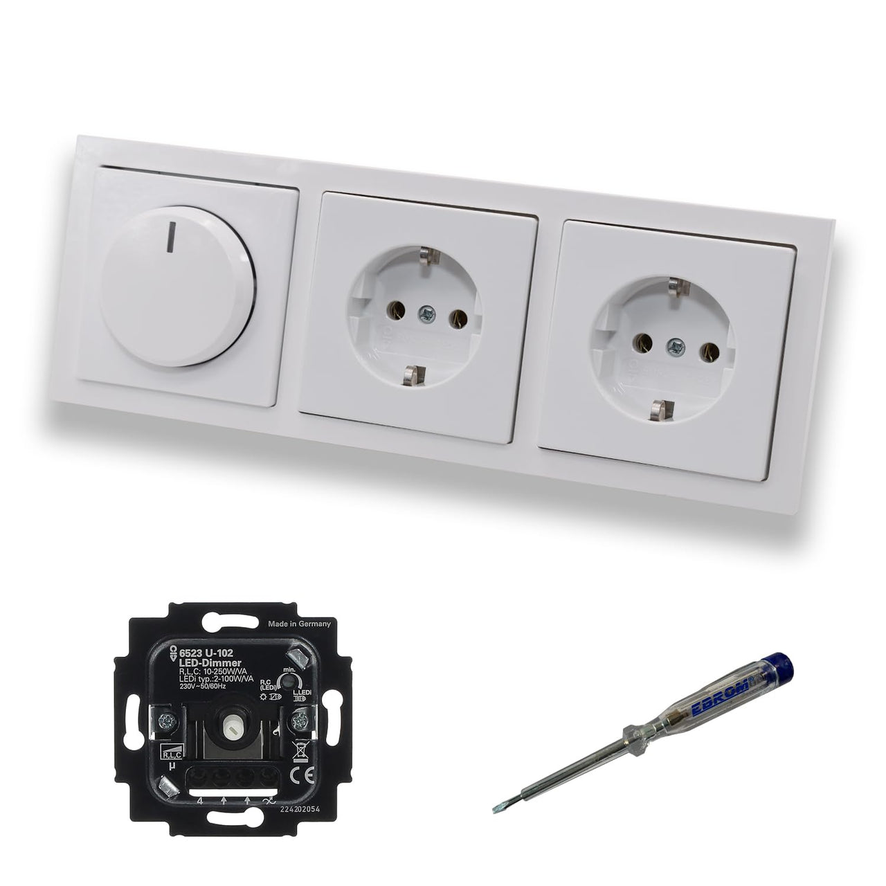 Busch Jäger 6523U-102 LED Drehdimmer Dimmer + Dimmerscheibe 6540-84-102 und 2 x Steckdose 20EUC-84 in Future Linear Studioweiß glänzend inklusive EBROM Phasenprüfer zur Montage der Geräte 6523 U – 102