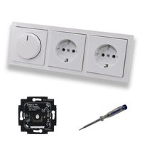 Busch Jäger 6523U-102 LED Drehdimmer Dimmer + Scheibe 6540-84-102 + 2 x Steckdose mit Kinderschutz 20EUCKS-84 Future Linear Studioweiß glänzend + EBROM Phasenprüfer zur Montage der Geräte 6523 U – 102