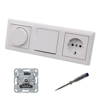 GIRA 245500 LED Drehdimmer Dimmer + Dimmerscheibe Zentralscheibe 065003 + Taster 015100 + Steckdose 418803 System55 reinweiß glänzend + EBROM Phasenprüfer zur Montage der Geräte