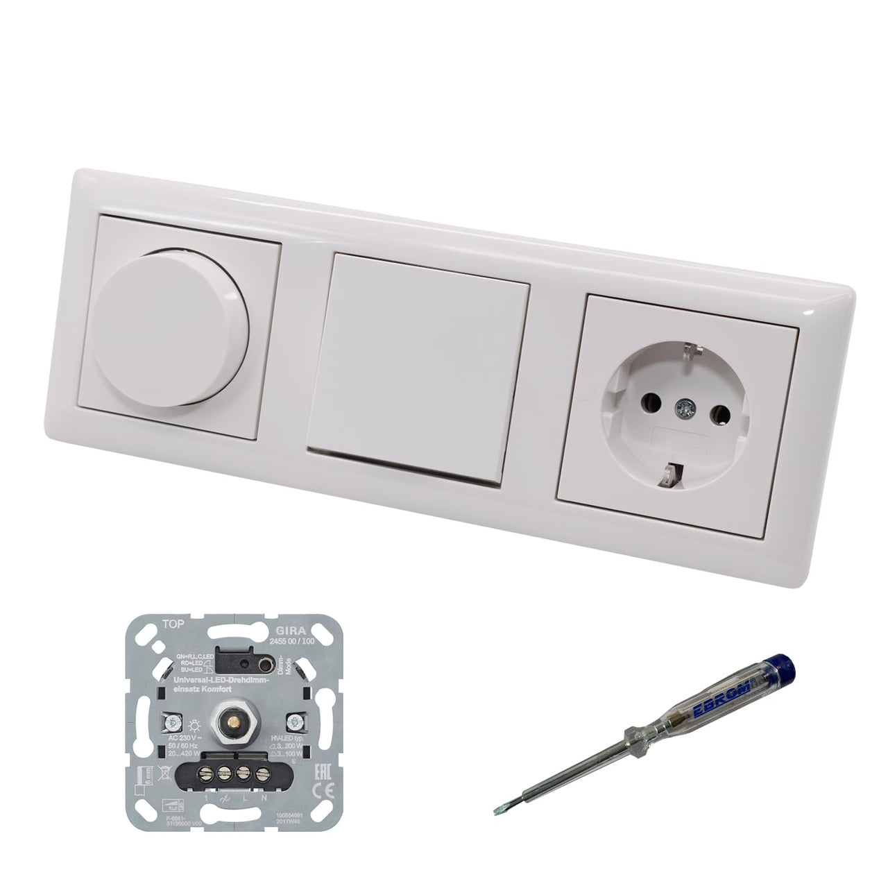 GIRA 245500 LED Drehdimmer Dimmer + Dimmerscheibe 065003 + Taster 015100 + Steckdose mit Kinderschutz 445303 System55 reinweiß glänzend + EBROM Phasenprüfer zur Montage der Geräte