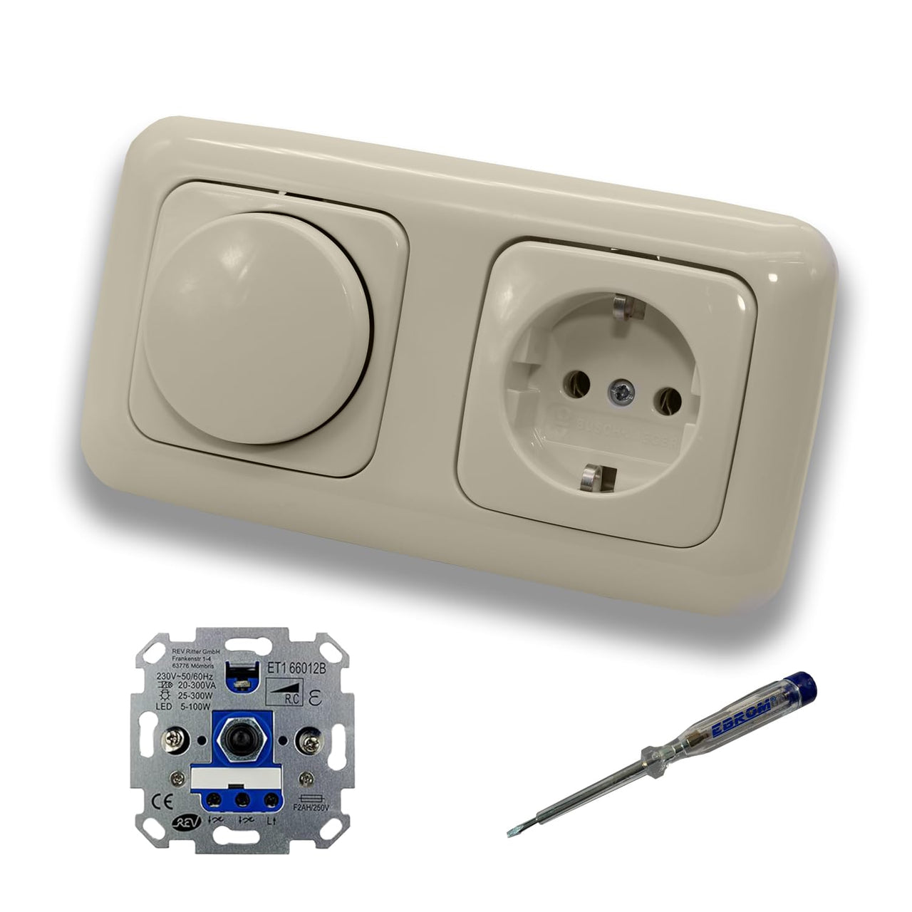 REV Ritter LED Drehdimmer Dimmer + Busch Jäger Dimmerscheibe 2115-212 und Steckdose mit Kinderschutz 20EUCKS-212 in DURO2000 cremeweiß glänzend + EBROM Phasenprüfer zur Montage der Geräte ET1 66012B