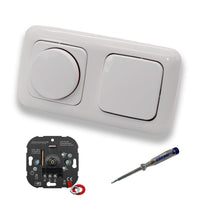 EBROM 1001 LED Drehdimmer Dimmer + Busch Jäger Dimmerscheibe 2115-214 und Lichtschalter 2000/6 US in Reflex Si alpinweiß glänzend inklusive EBROM Phasenprüfer zur Montage der Geräte