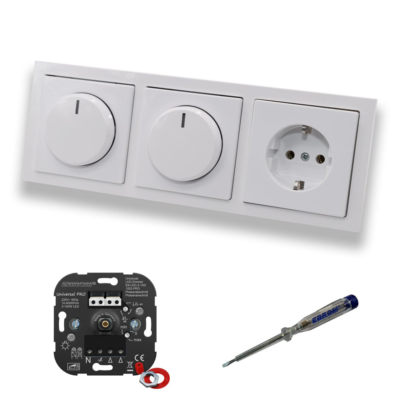 EBROM 1002 Universal PRO (2 x) LED Drehdimmer Dimmer + Busch Jäger Dimmerscheibe 6540-84-102 und Steckdose 20EUC-84 in Future Linear Studioweiß glänzend + EBROM Phasenprüfer zur Montage der Geräte