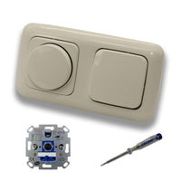 REV Ritter LED Drehdimmer Dimmer + Busch Jäger Dimmerscheibe 2115-212 und Lichttaster 2020 US in DURO2000 cremeweiß glänzend inklusive EBROM Phasenprüfer zur Montage der Geräte ET1 66012B