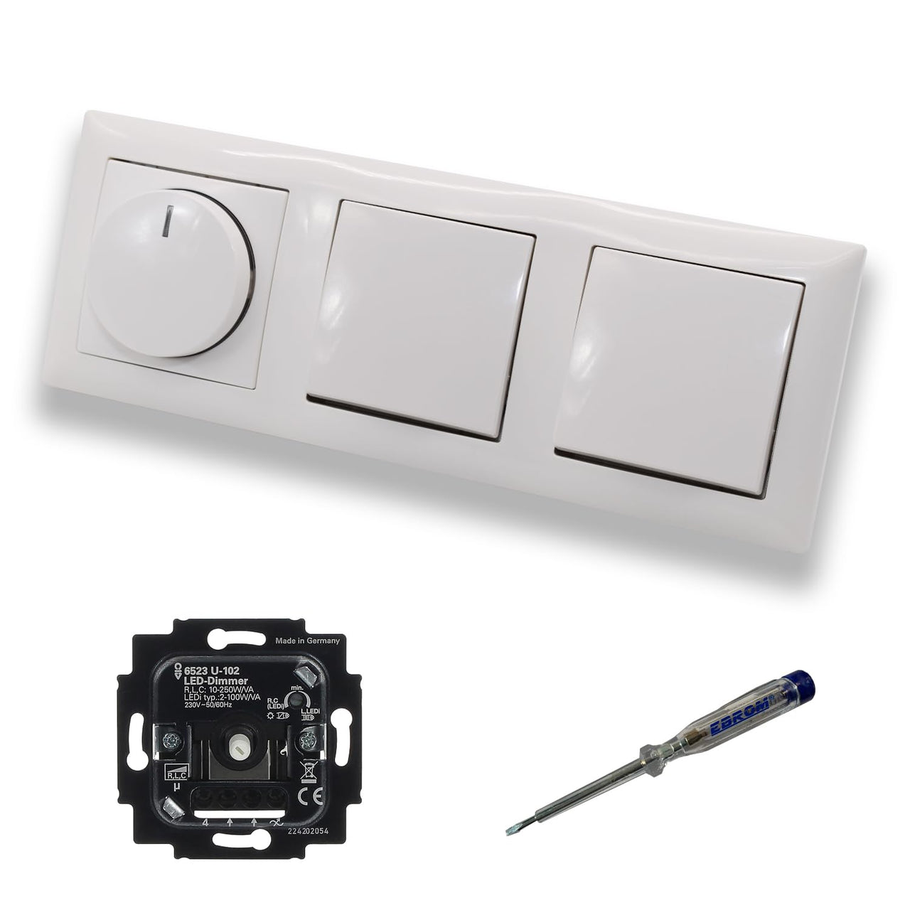 Busch Jäger 6523U-102 LED Drehdimmer Dimmer + Dimmerscheibe 2115-914 und 2 x Kreuzschalter 2000/7 US in Balance Si alpinweiß glänzend inklusive EBROM Phasenprüfer zur Montage der Geräte 6523 U – 102