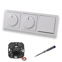 EBROM 1003 Universal ECO (2 x) LED Drehdimmer Dimmer + Busch Jäger Dimmerscheiben 6540-84-102 und Lichttaster 2020 US in Future Linear Studioweiß glänzend + EBROM Phasenprüfer zur Montage der Geräte