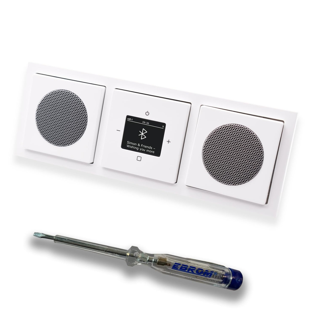 Busch Jäger DAB+ Unterputz Bluetooth (in and out) Radio 8217U-101 Future Linear Studioweiß, Set mit 2 x Lautsprecher, Abdeckungen, Rahmen + EBROM Phasenprüfer zur Montage d. Geräte - 8217 U – 101