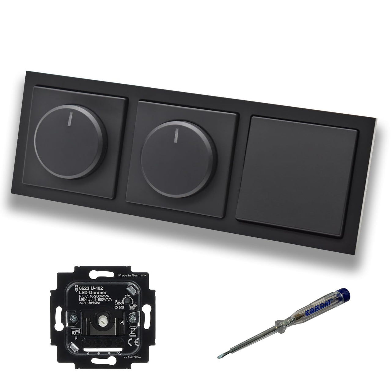 Busch Jäger 6523U-102 (2 x) LED Drehdimmer Dimmer + Dimmerscheiben 6540-885-102 + Lichttaster 2020 US in Future Linear schwarz matt + EBROM Phasenprüfer zur Montage der Geräte 6523 U – 102
