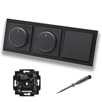Busch Jäger 6523U-102 (2 x) LED Drehdimmer Dimmer + Dimmerscheiben 6540-885-102 + Lichttaster 2020 US in Future Linear schwarz matt + EBROM Phasenprüfer zur Montage der Geräte 6523 U – 102