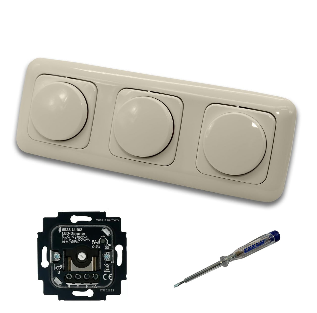Busch Jäger 6523U-102 (3 Stück) LED Drehdimmer Dimmer + Dimmerscheiben 2115-212 in DURO2000 cremeweiß glänzend im 3-fach Rahmen inkl. EBROM Phasenprüfer zur Montage der Geräte 6523 U - 102