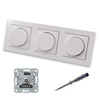 GIRA 245500 (3 Stück) LED Drehdimmer Dimmer + Dimmerscheiben Zentralscheiben 065003 in Gira E2 reinweiß glänzend im 3-fach Rahmen inkl. EBROM Phasenprüfer zur Montage der Geräte