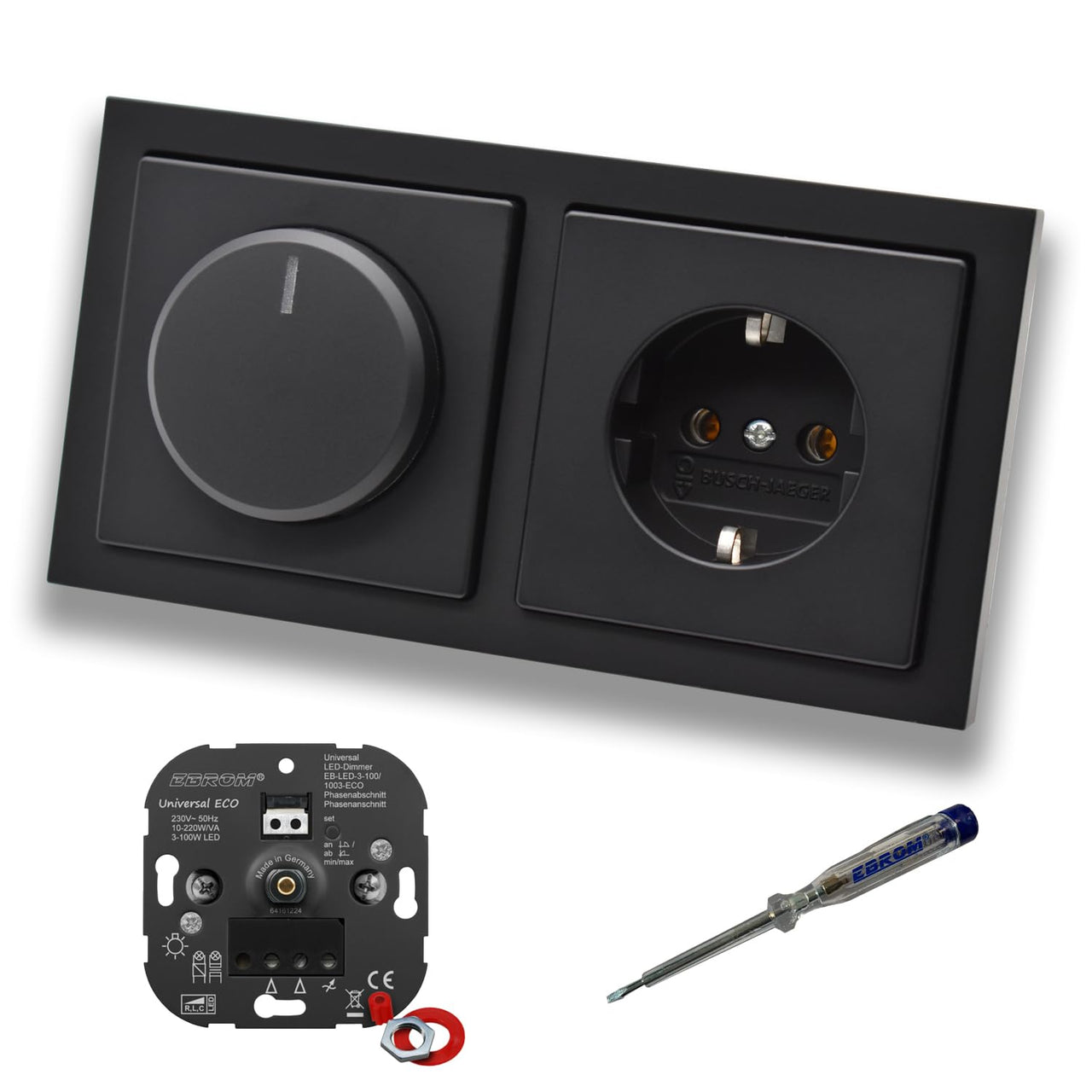 EBROM 1003 Universal ECO LED Drehdimmer Dimmer + Busch Jäger Dimmerscheibe 6540-885-102 und Steckdose 20EUC-885 in Future Linear Schwarz matt inklusive EBROM Phasenprüfer zur Montage der Geräte